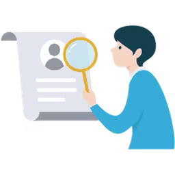 Illustration of a man examining a profile document with a magnifying glass