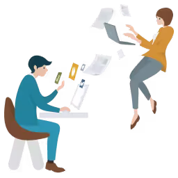 Illustration of a man working on a smartphone and a woman floating while using a laptop, with papers flying around