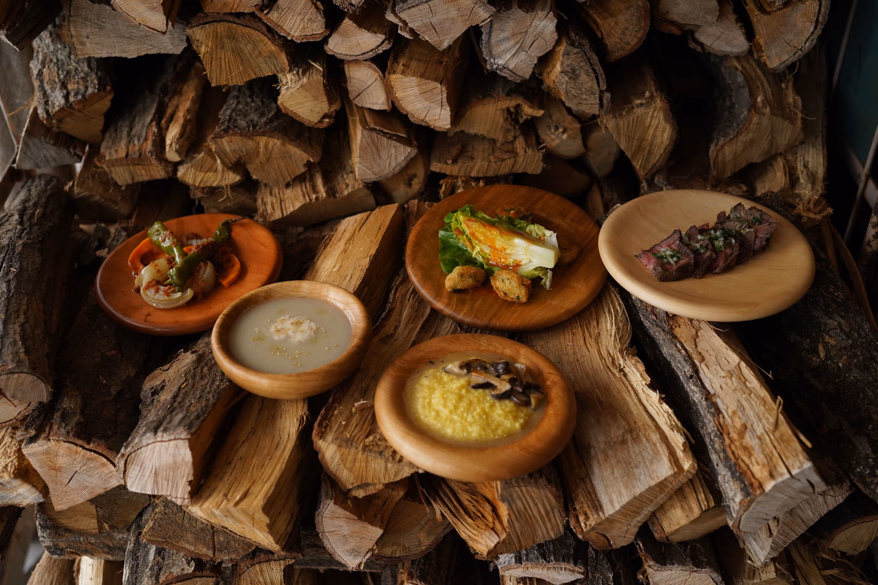 Various dishes served on wooden plates placed on a wood pile. Soups, risottos, and meat dishes are pictured.