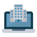 Illustration of a computer displaying a building icon (Corporate Site)